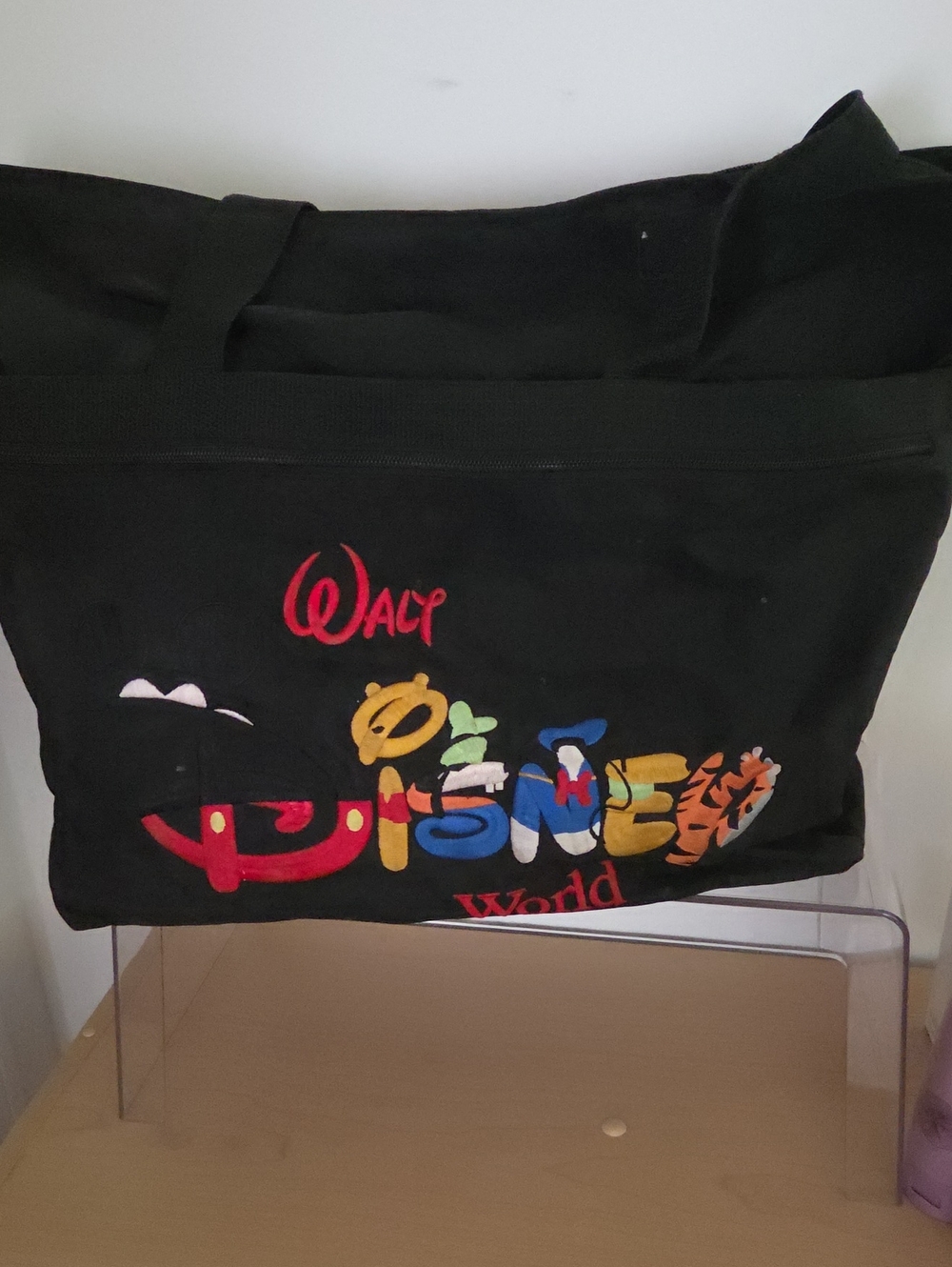 Disney Parks Black Nylon Tote with Colorful Embroidered Logo, Zip Closure